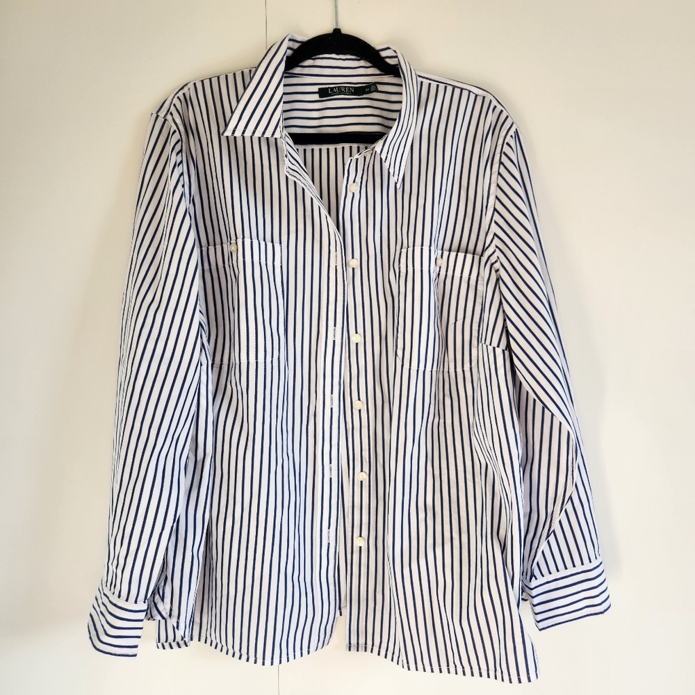 Lauren Ralph Lauren Blue White Striped Button Down Shirt Womens 3X Cotton - Picture 4 of 12